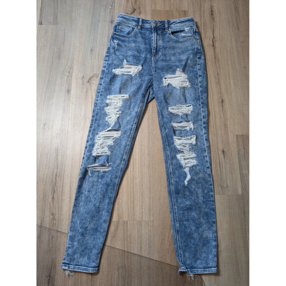 American Eagle Mom Jean Size 6 X-Long Blue Acid Destroyed Distressed  Women's
